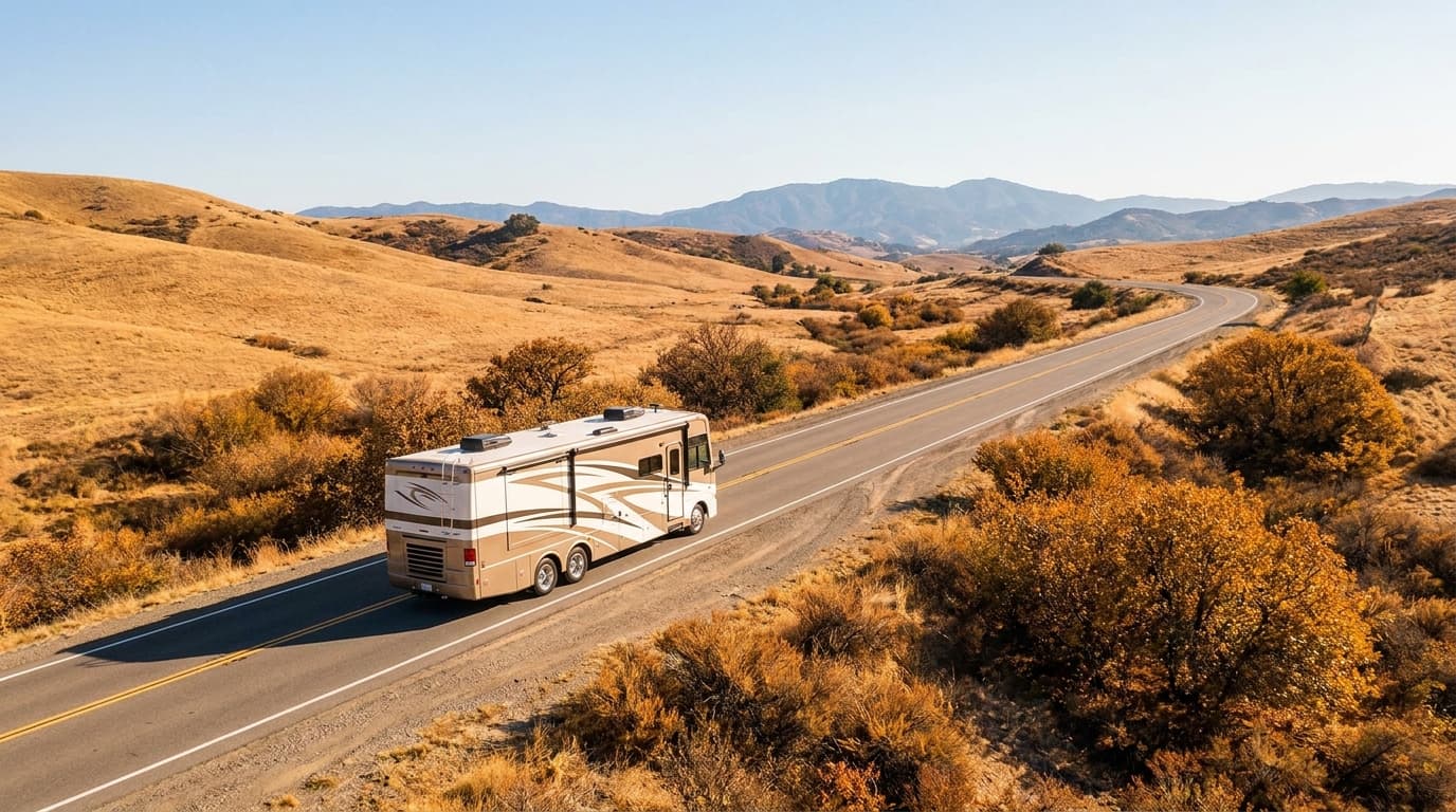 A motorhome traveling through the dry golden hills and distant mountains of California near Santa Ana, California in peak season
