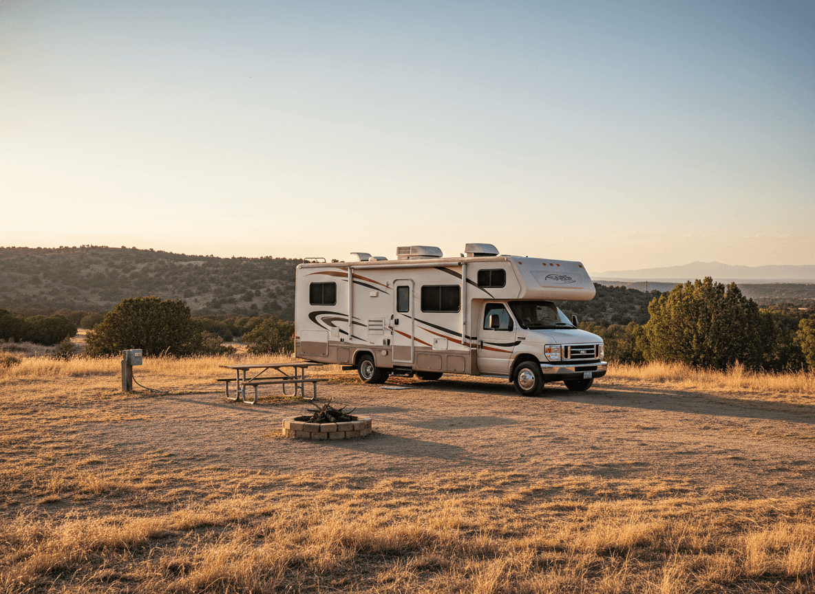 A Class C RV at a campground near Santa Fe, New Mexico in the countryside near Santa Fe