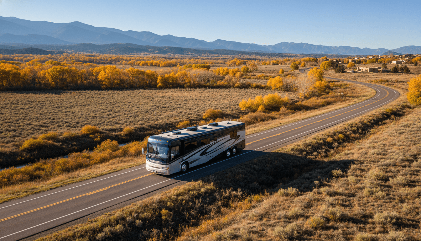 A motorhome traveling through the countryside near Santa Fe near Santa Fe, New Mexico in peak season