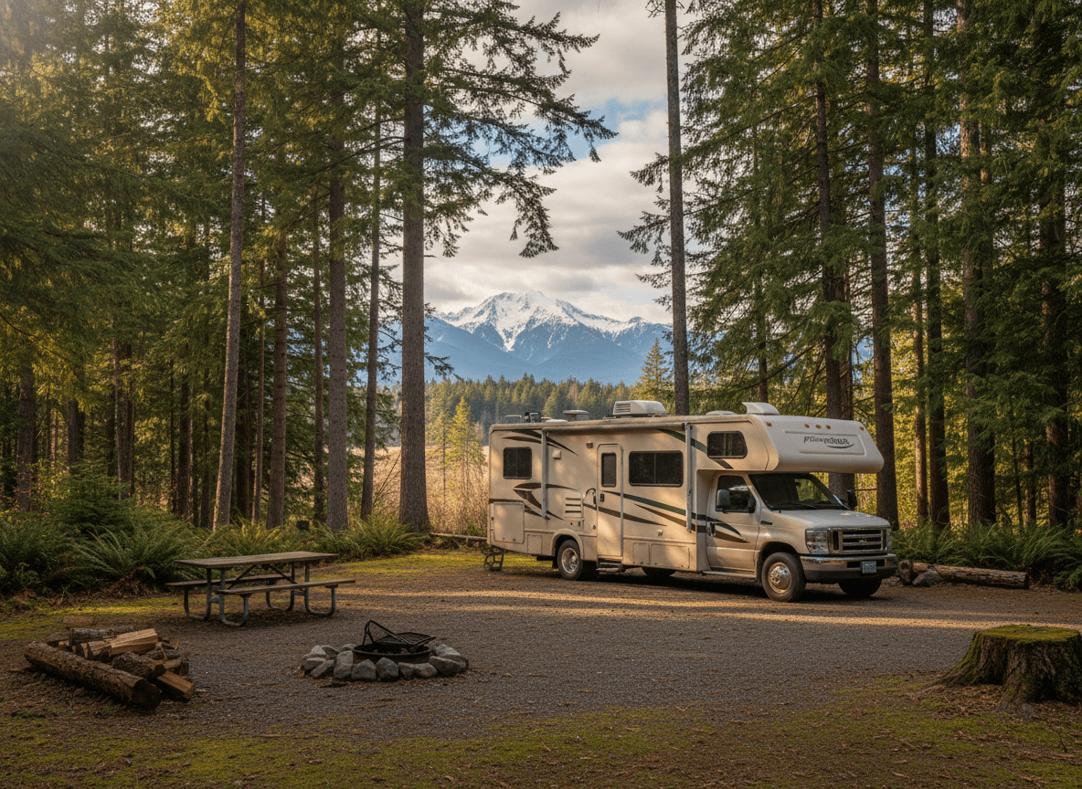 A Class C RV at a campground near Sequim, Washington in the evergreen forests and snow-capped peaks of the Pacific Northwest