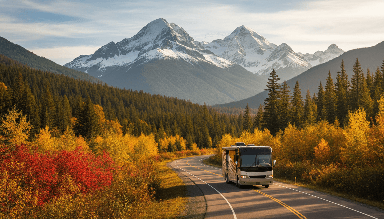 A motorhome traveling through the evergreen forests and snow-capped peaks of the Pacific Northwest near Sequim, Washington in peak season