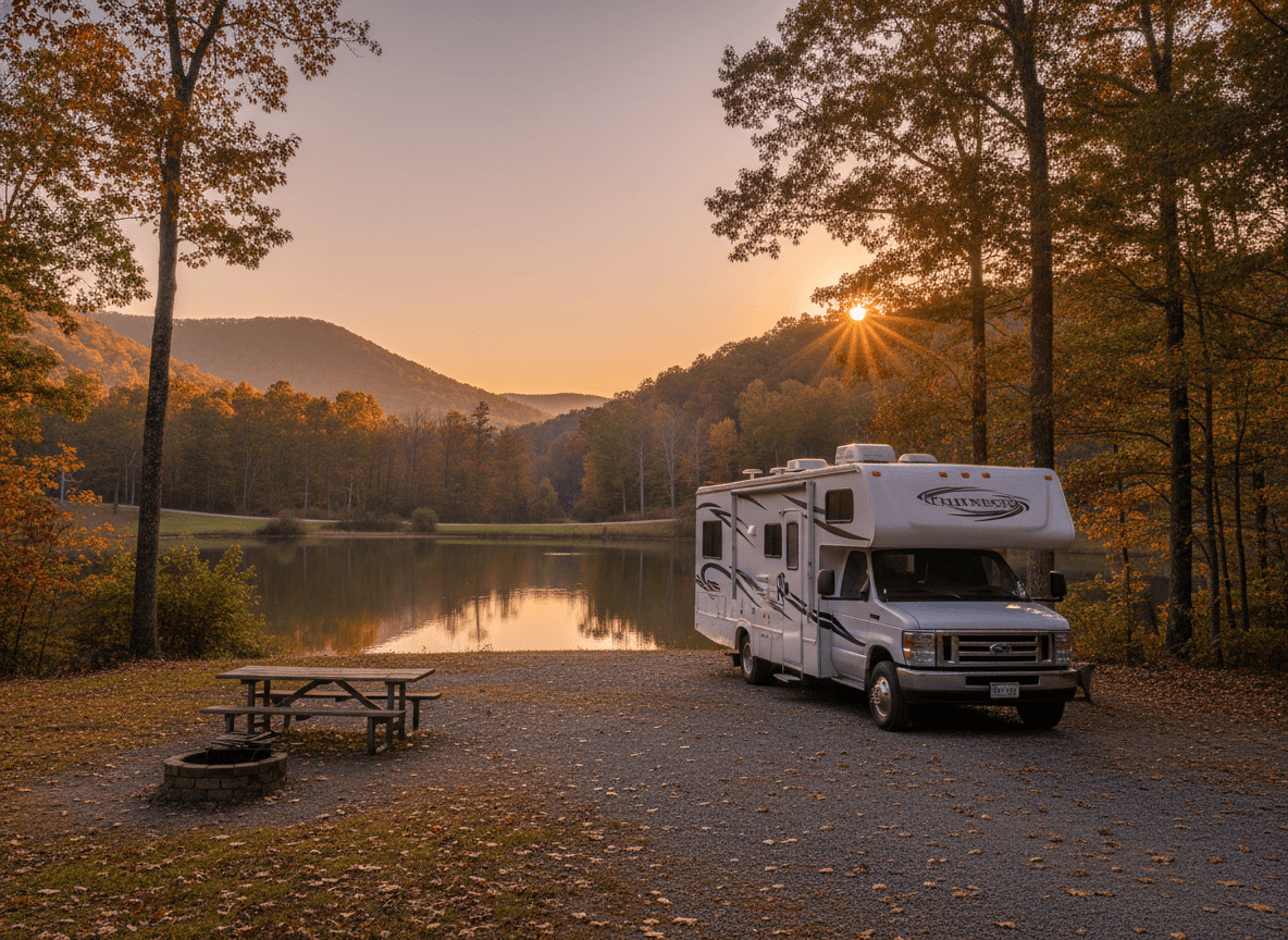 A Class C RV at a campground near Sevierville, Tennessee in the wooded ridges and lakes of East Tennessee