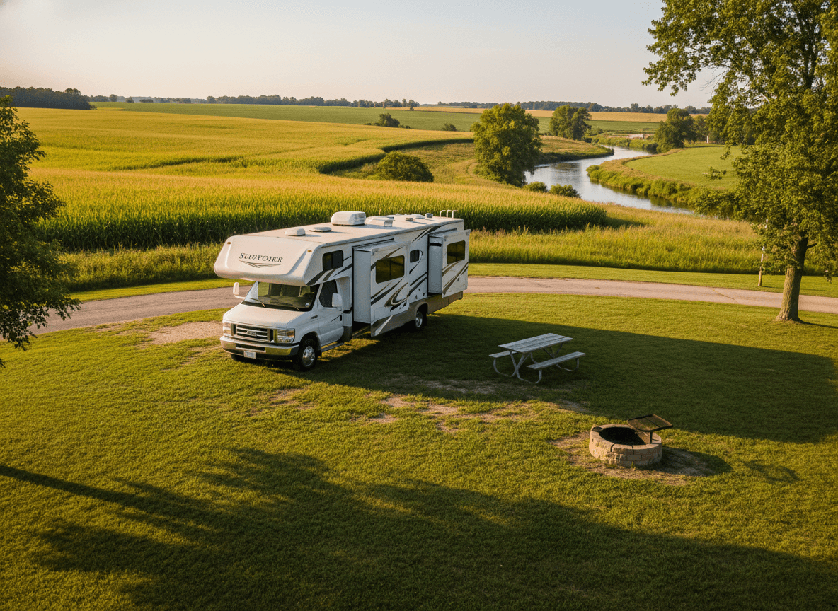 A Class C RV at a campground near Spirit Lake, Iowa in the rolling farmland and river country of Iowa