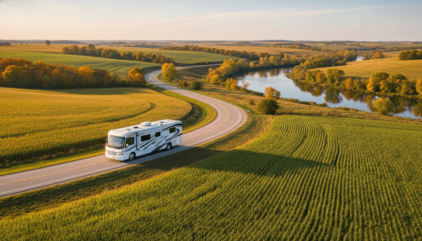 A motorhome traveling through the rolling farmland and river country of Iowa near Spirit Lake, Iowa in peak season