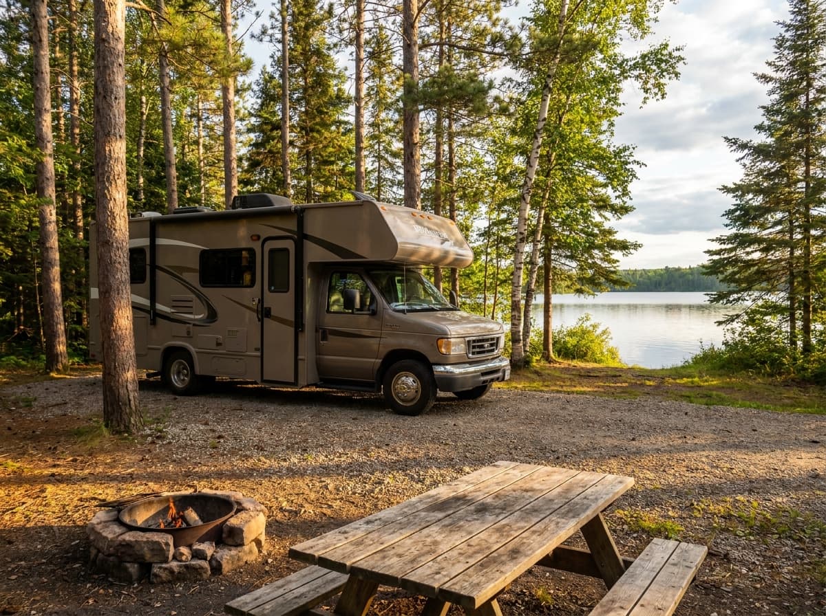 A Class C RV at a campground near St. Paul, Minnesota in the northern lakes and woods of Minnesota