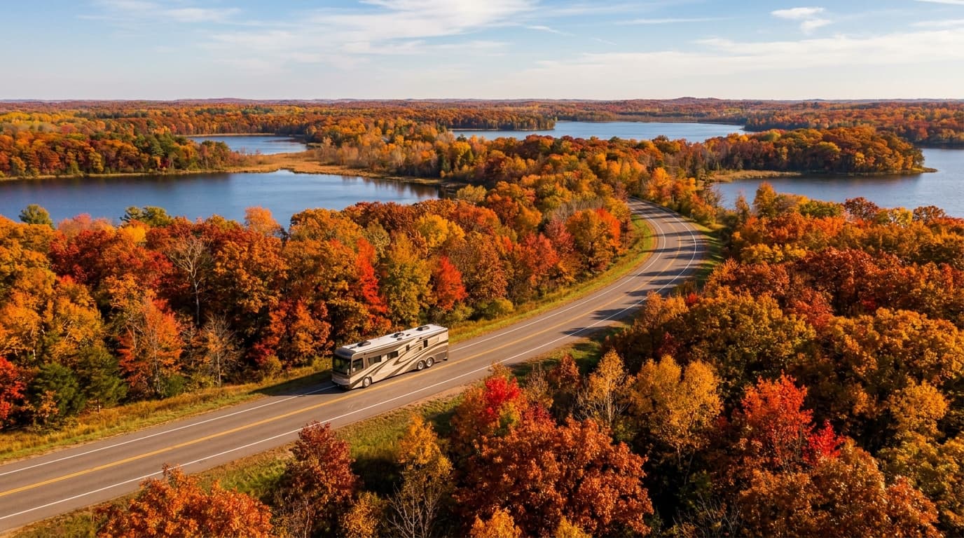 A motorhome traveling through the northern lakes and woods of Minnesota near St. Paul, Minnesota in peak season