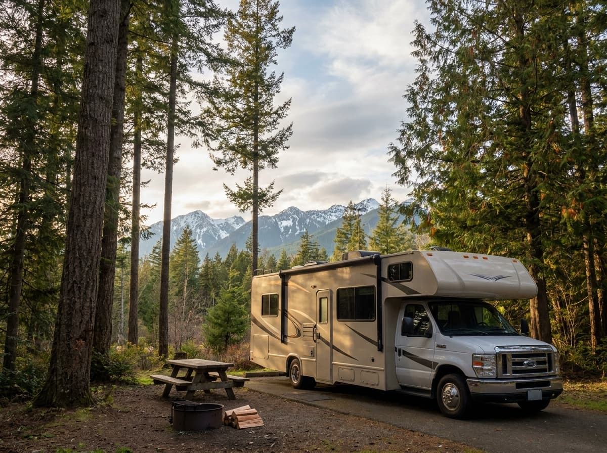A Class C RV at a campground near Tacoma, Washington in the evergreen forests and snow-capped peaks of the Pacific Northwest