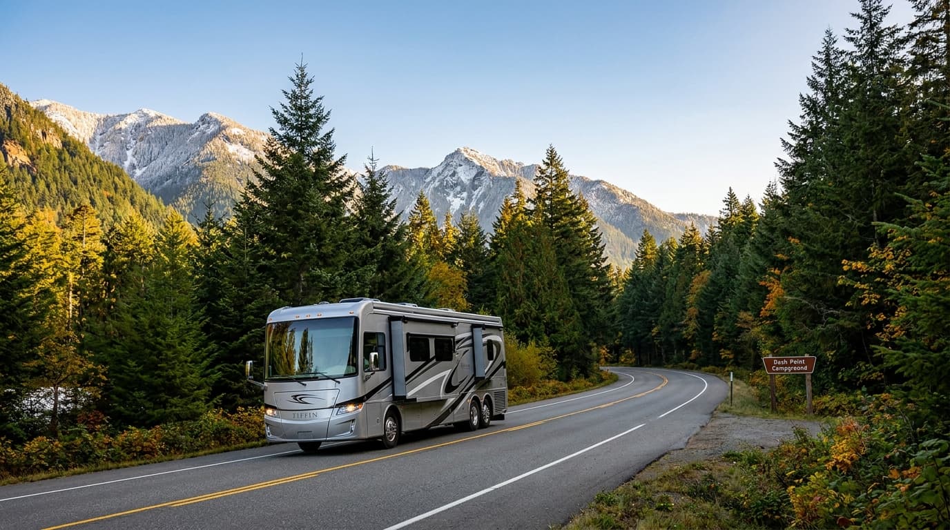 A motorhome traveling through the evergreen forests and snow-capped peaks of the Pacific Northwest near Tacoma, Washington in peak season