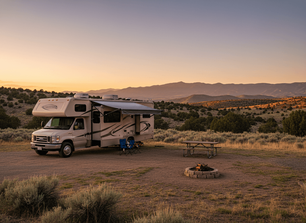 A Class C RV at a campground near Taos, New Mexico in the countryside near Taos