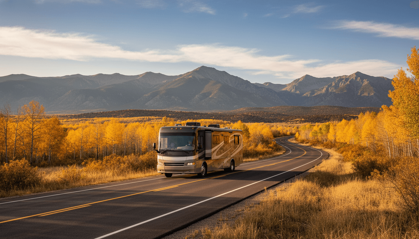 A motorhome traveling through the countryside near Taos near Taos, New Mexico in peak season