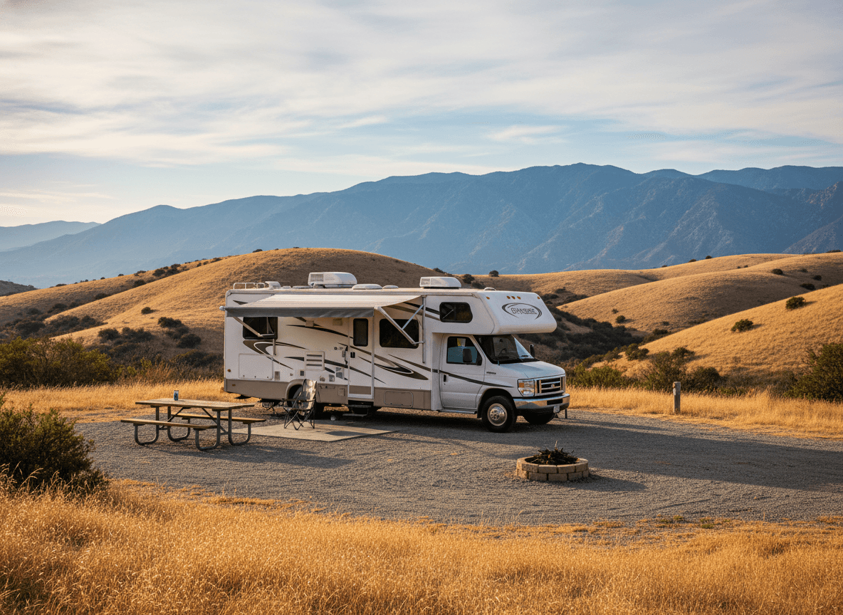 A Class C RV at a campground near Temecula, California in the dry golden hills and distant mountains of California