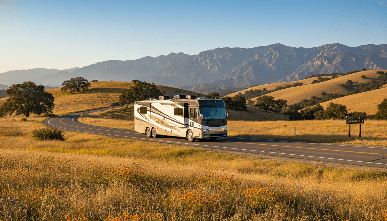 A motorhome traveling through the dry golden hills and distant mountains of California near Temecula, California in peak season