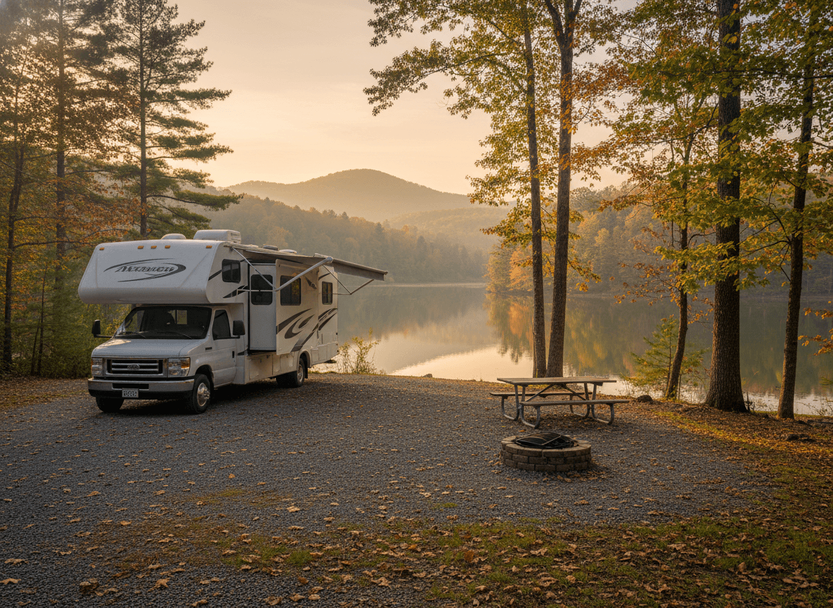 A Class C RV at a campground near Townsend, Tennessee in the wooded ridges and lakes of East Tennessee