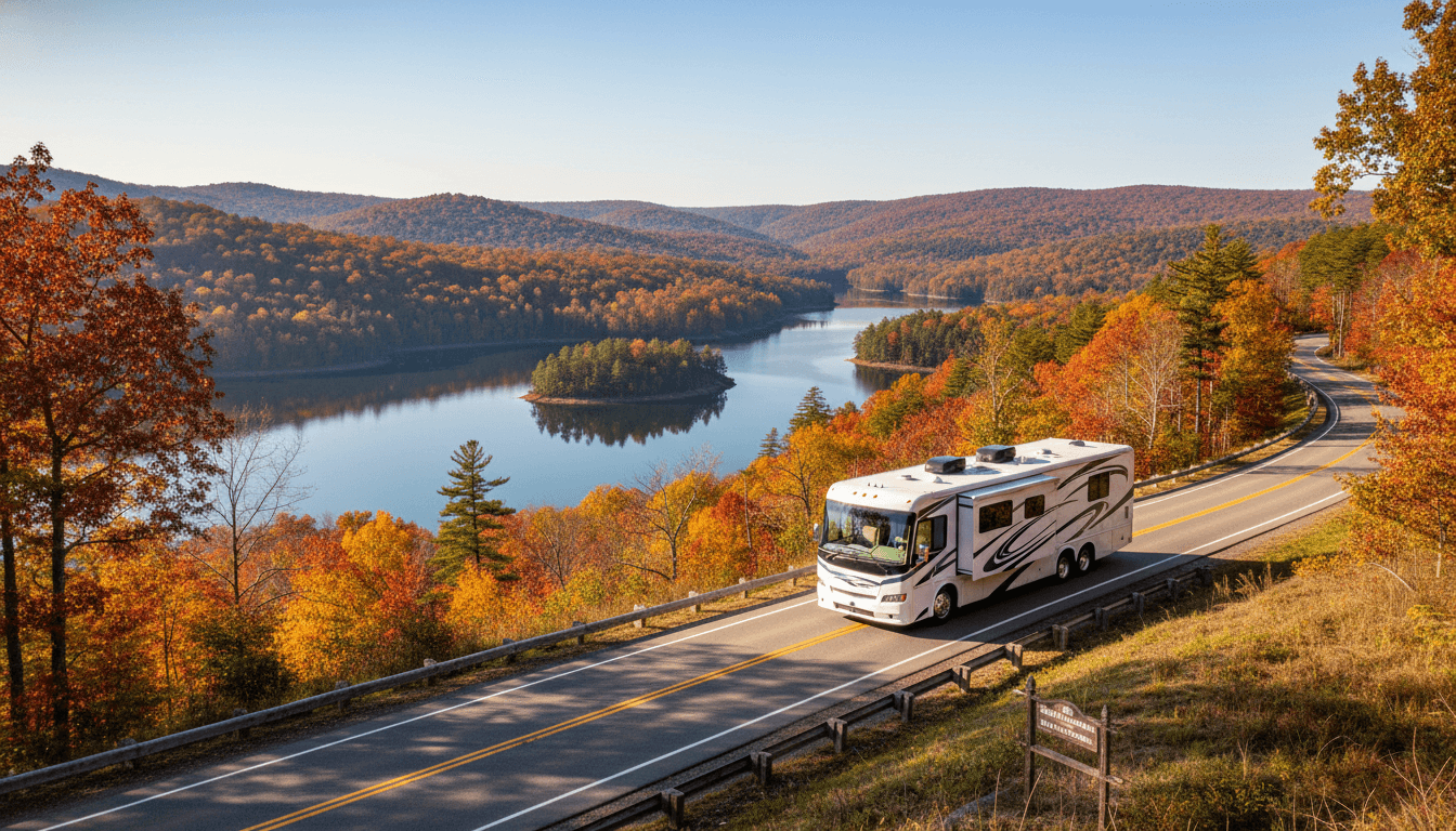 A motorhome traveling through the wooded ridges and lakes of East Tennessee near Townsend, Tennessee in peak season