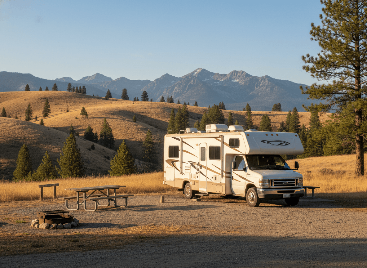A Class C RV at a campground near Truckee, California in the dry golden hills and distant mountains of California