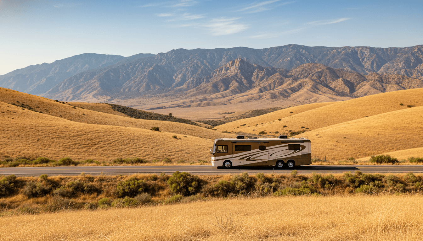 A motorhome traveling through the dry golden hills and distant mountains of California near Truckee, California in peak season