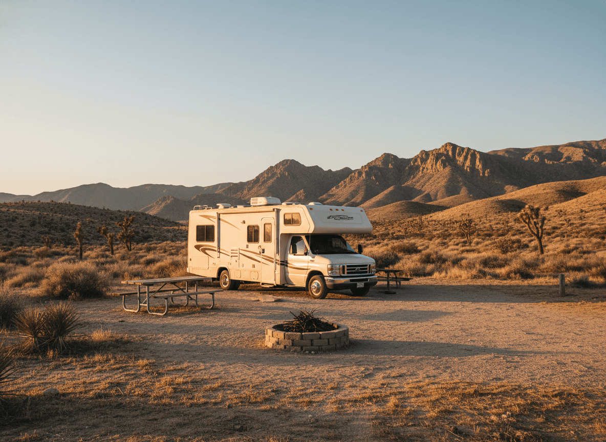 A Class C RV at a campground near Twentynine Palms, California in the dry golden hills and distant mountains of California