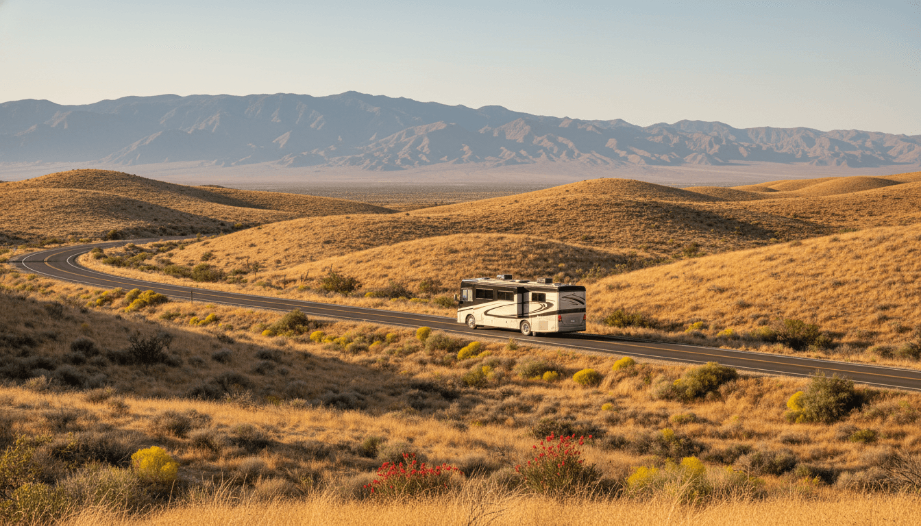 A motorhome traveling through the dry golden hills and distant mountains of California near Twentynine Palms, California in peak season