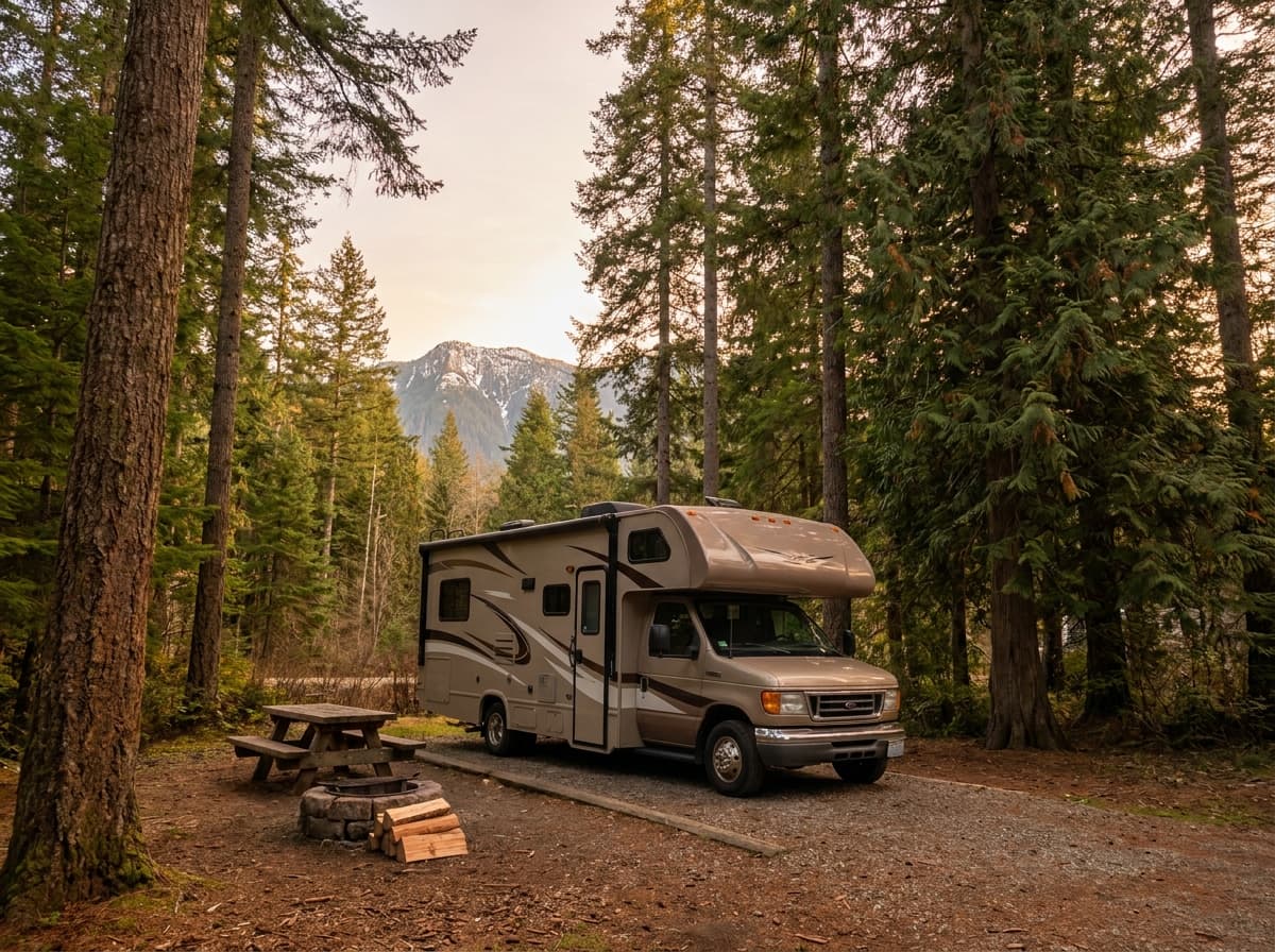 A Class C RV at a campground near Vancouver, Washington in the evergreen forests and snow-capped peaks of the Pacific Northwest