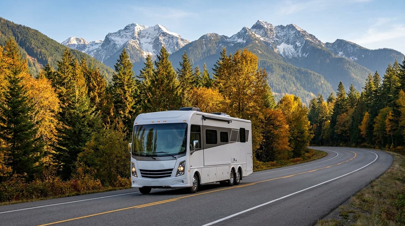 A motorhome traveling through the evergreen forests and snow-capped peaks of the Pacific Northwest near Vancouver, Washington in peak season