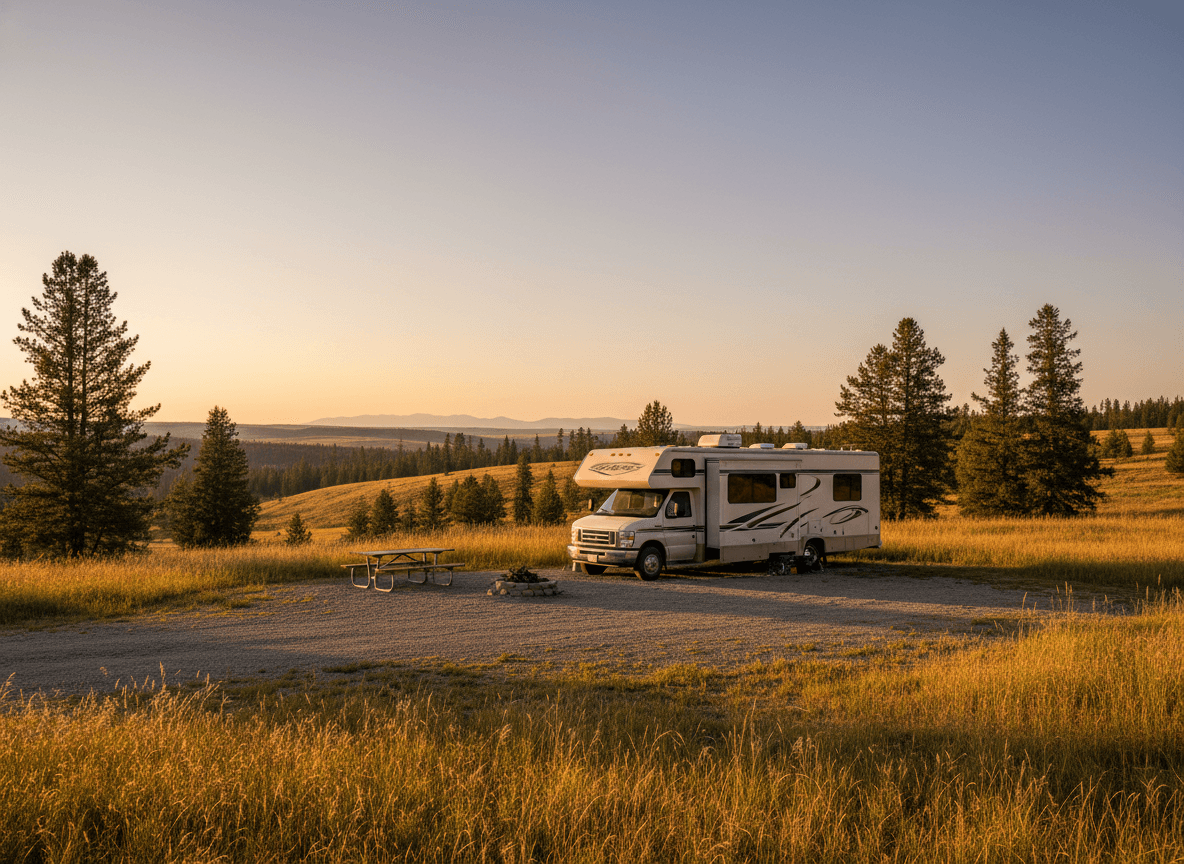 A Class C RV at a campground near West Yellowstone, Montana in the countryside near West Yellowstone