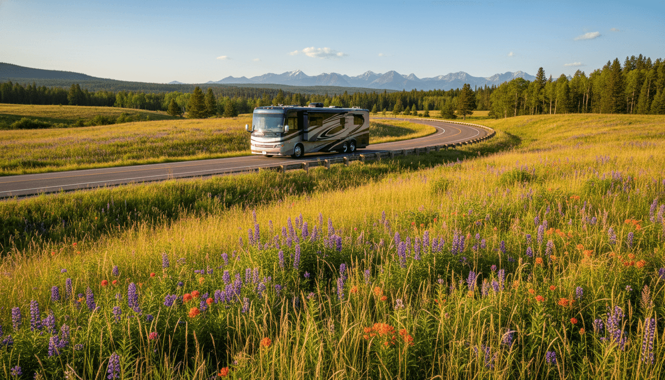 A motorhome traveling through the countryside near West Yellowstone near West Yellowstone, Montana in peak season