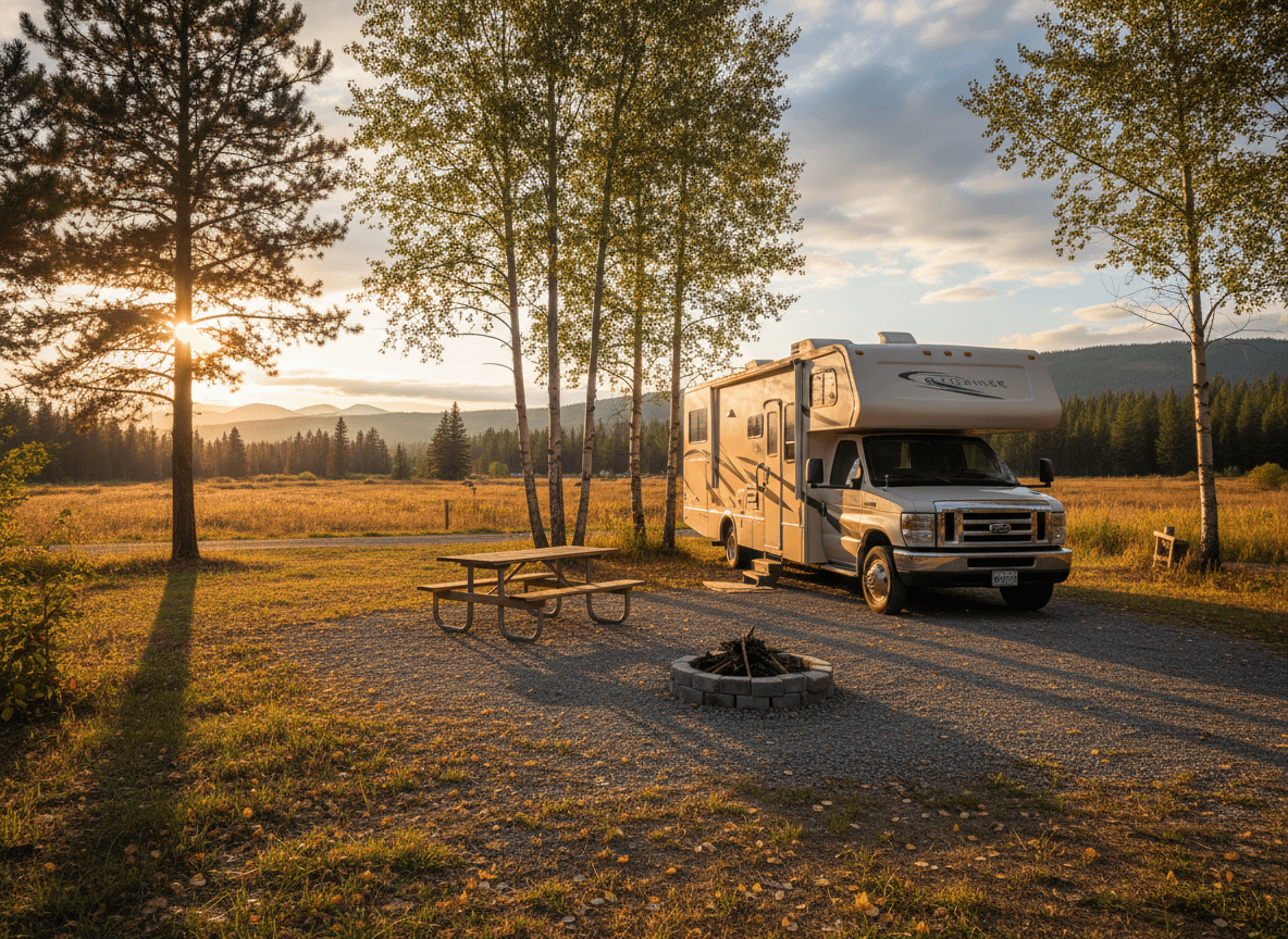 A Class C RV at a campground near Whitefish, Montana in the countryside near Whitefish