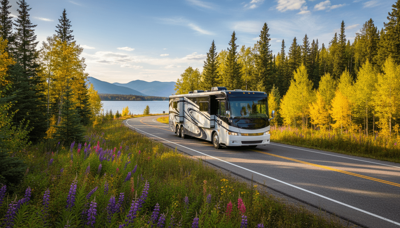 A motorhome traveling through the countryside near Whitefish near Whitefish, Montana in peak season