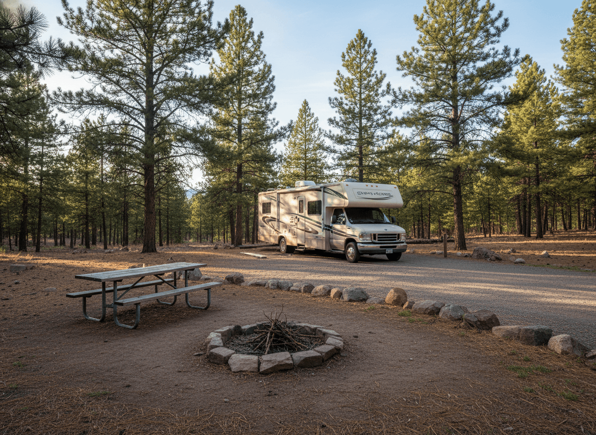 A Class C RV at a campground near Woodland Park, Colorado in the Rocky Mountain foothills and pine forest of Colorado