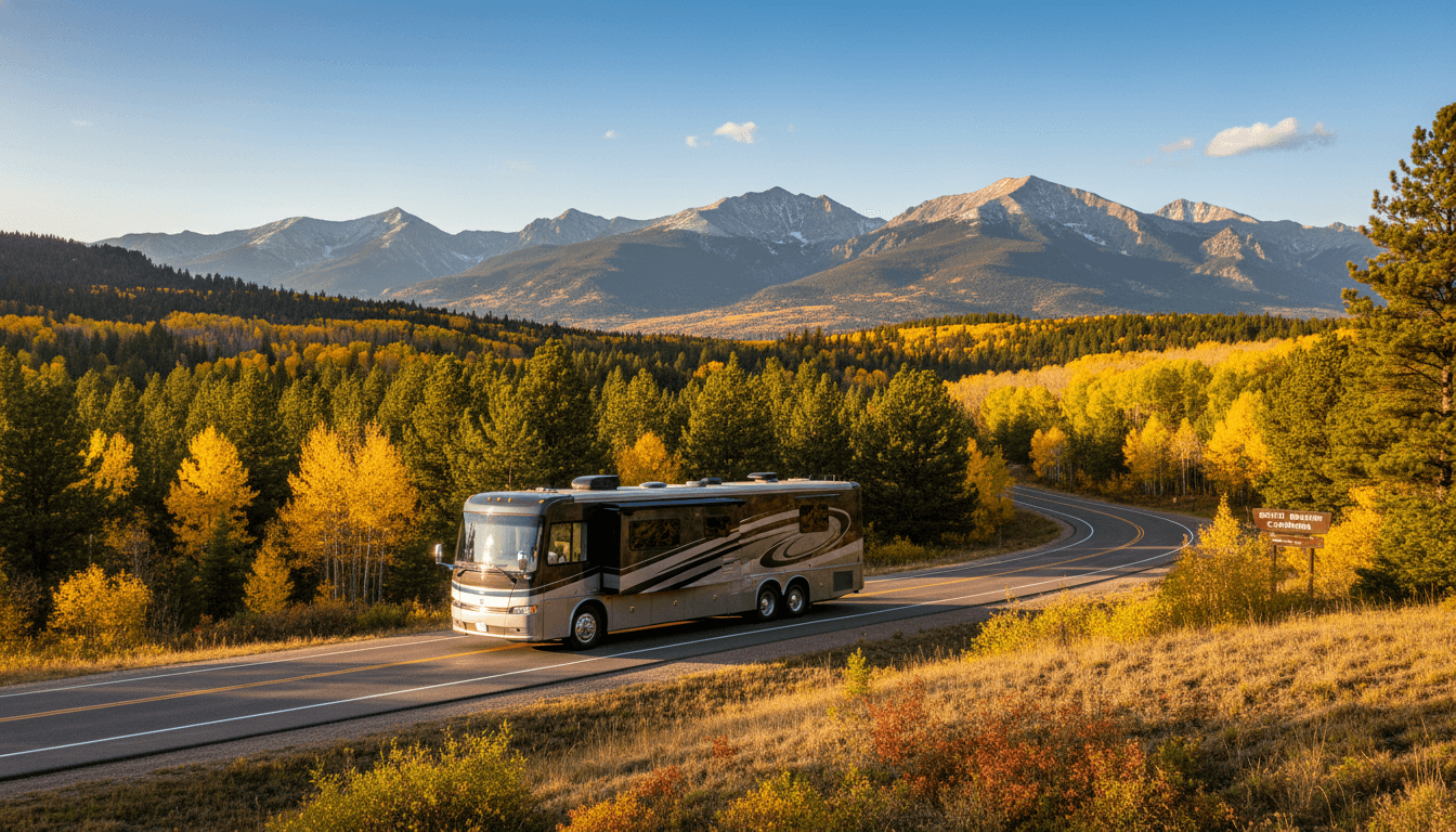 A motorhome traveling through the Rocky Mountain foothills and pine forest of Colorado near Woodland Park, Colorado in peak season