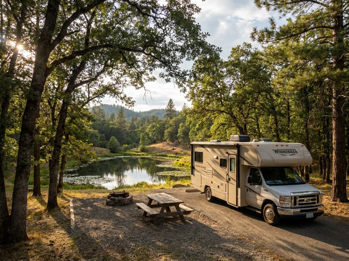 A Class C RV at a campground near Worcester, Massachusetts in the wooded hills and ponds of central Massachusetts