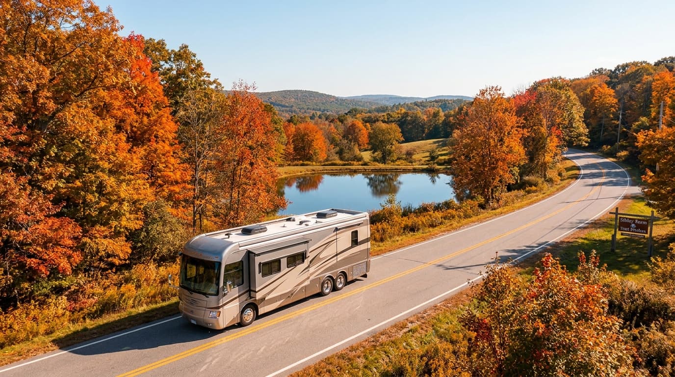 A motorhome traveling through the wooded hills and ponds of central Massachusetts near Worcester, Massachusetts in peak season