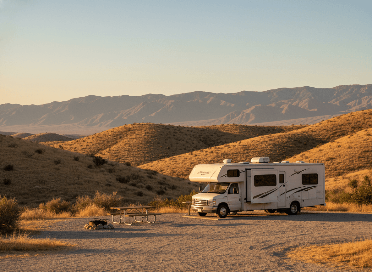 A Class C RV at a campground near Yucca Valley, California in the dry golden hills and distant mountains of California