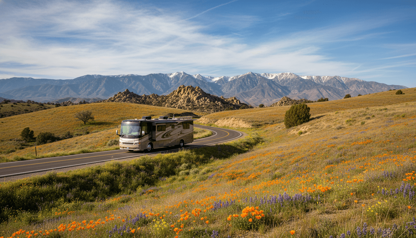 A motorhome traveling through the dry golden hills and distant mountains of California near Yucca Valley, California in peak season