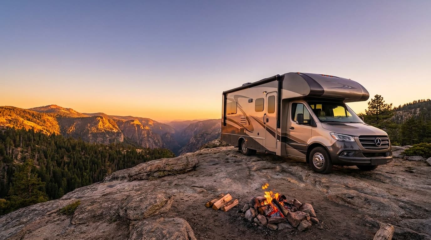 A motorhome at a mountain overlook at sunset