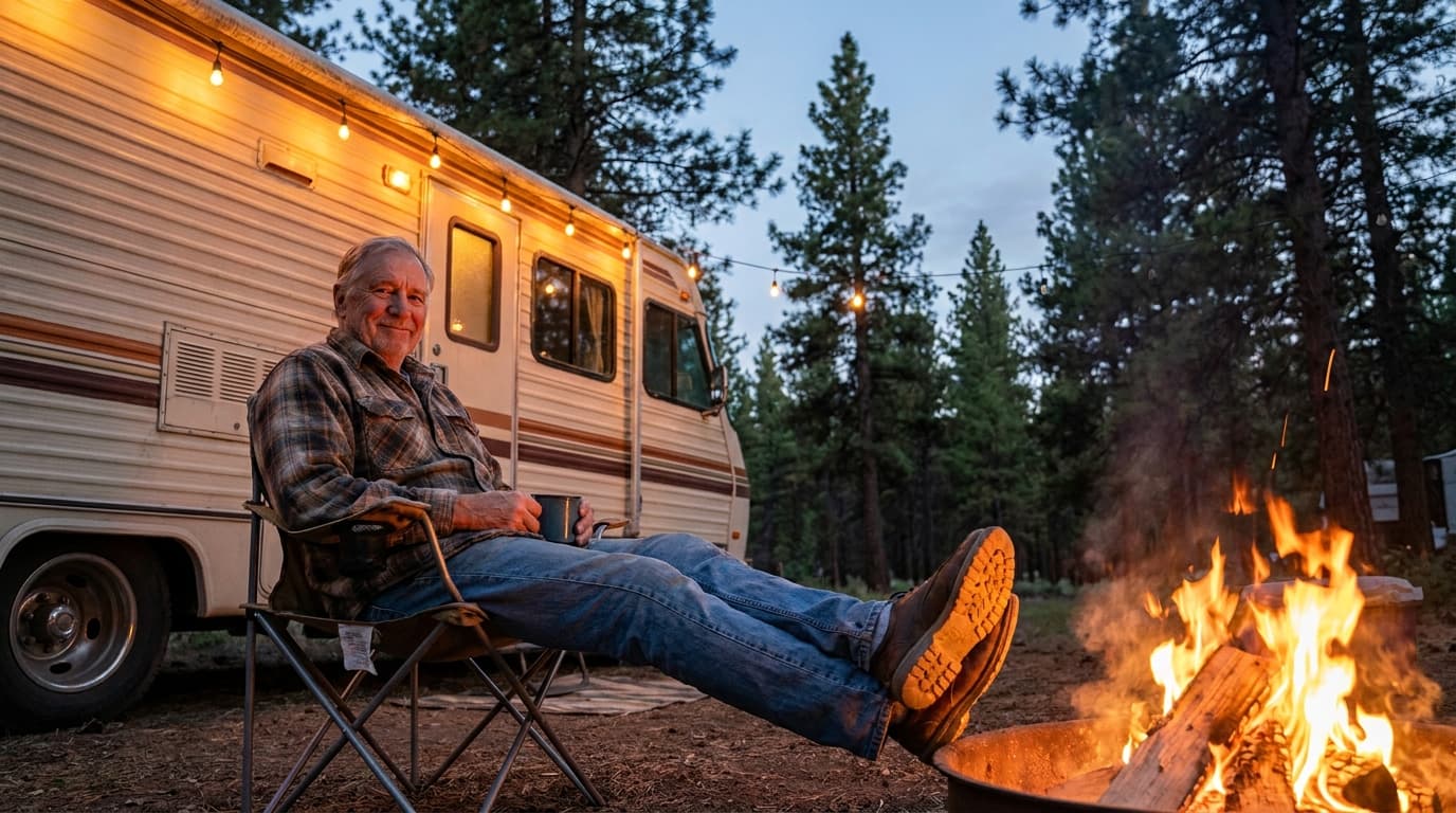 An RV owner beside their motorhome at a campsite in warm evening light