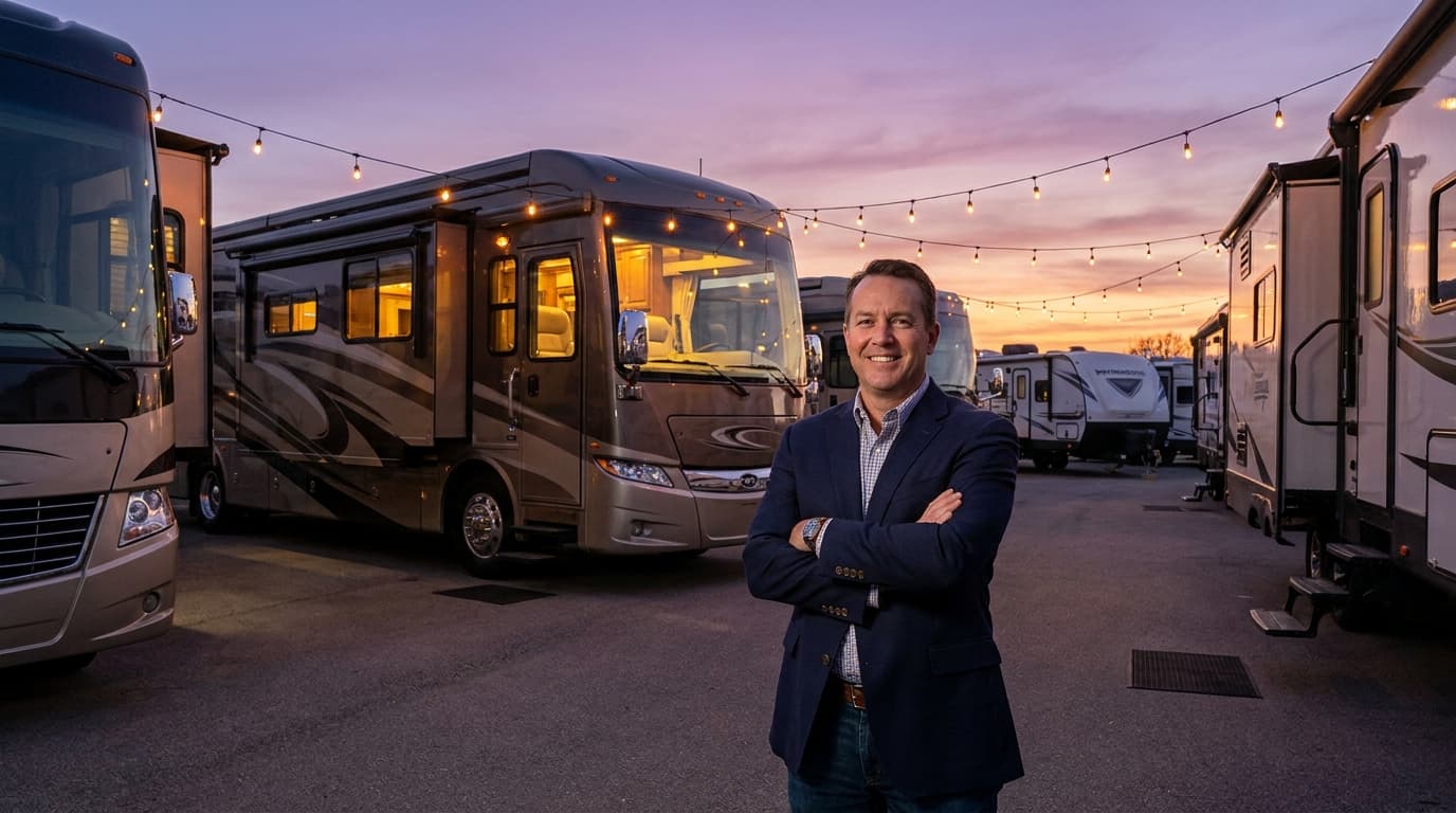 A professional standing near parked RVs at dusk, managed-asset feel