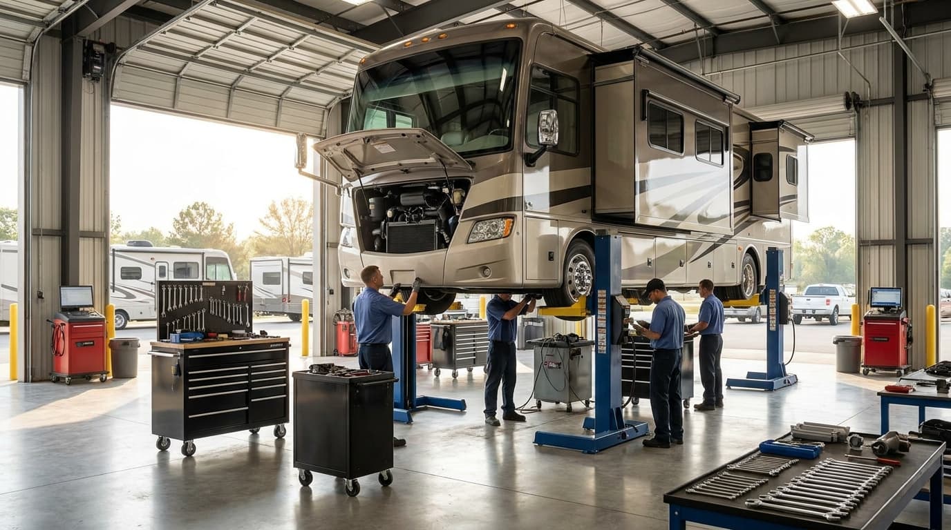 An RV in a clean professional service bay being worked on