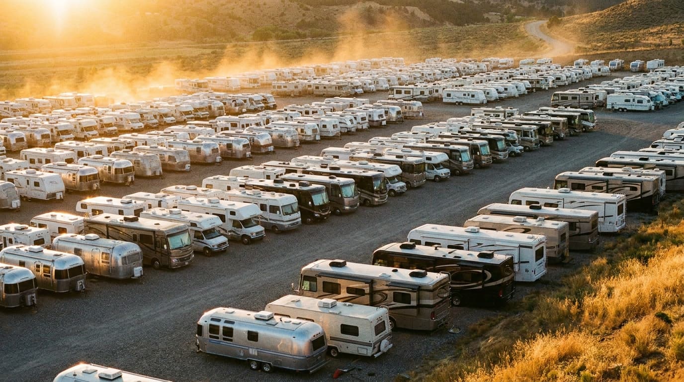 Rows of RVs and travel trailers in an outdoor storage lot at golden hour