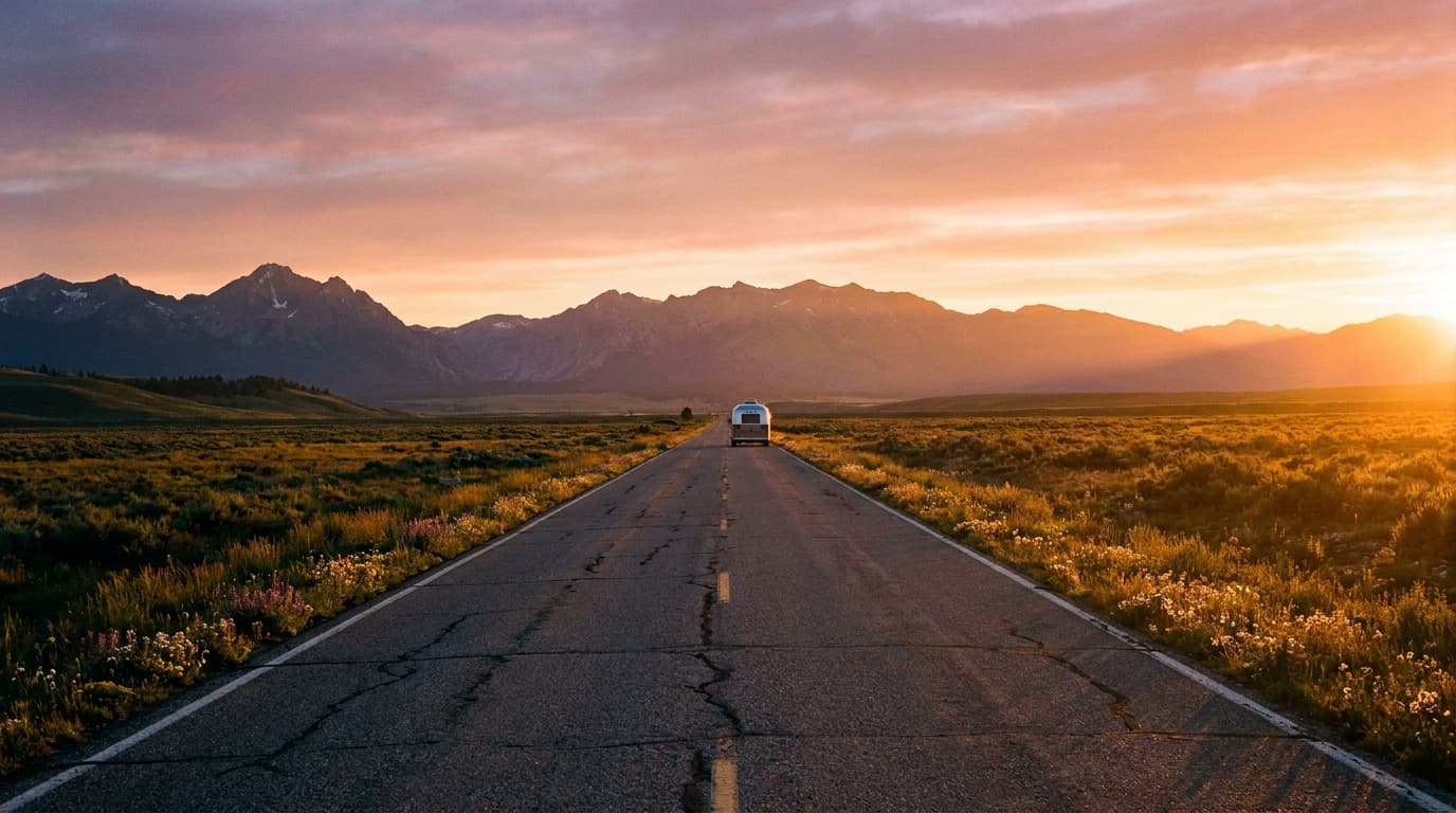 An open road heading toward mountains at sunrise
